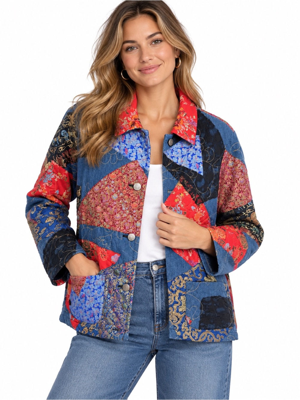 Vintage Chico’s Design Patchwork Jacket Quilted Brocade Denim Asian Boho Artwear